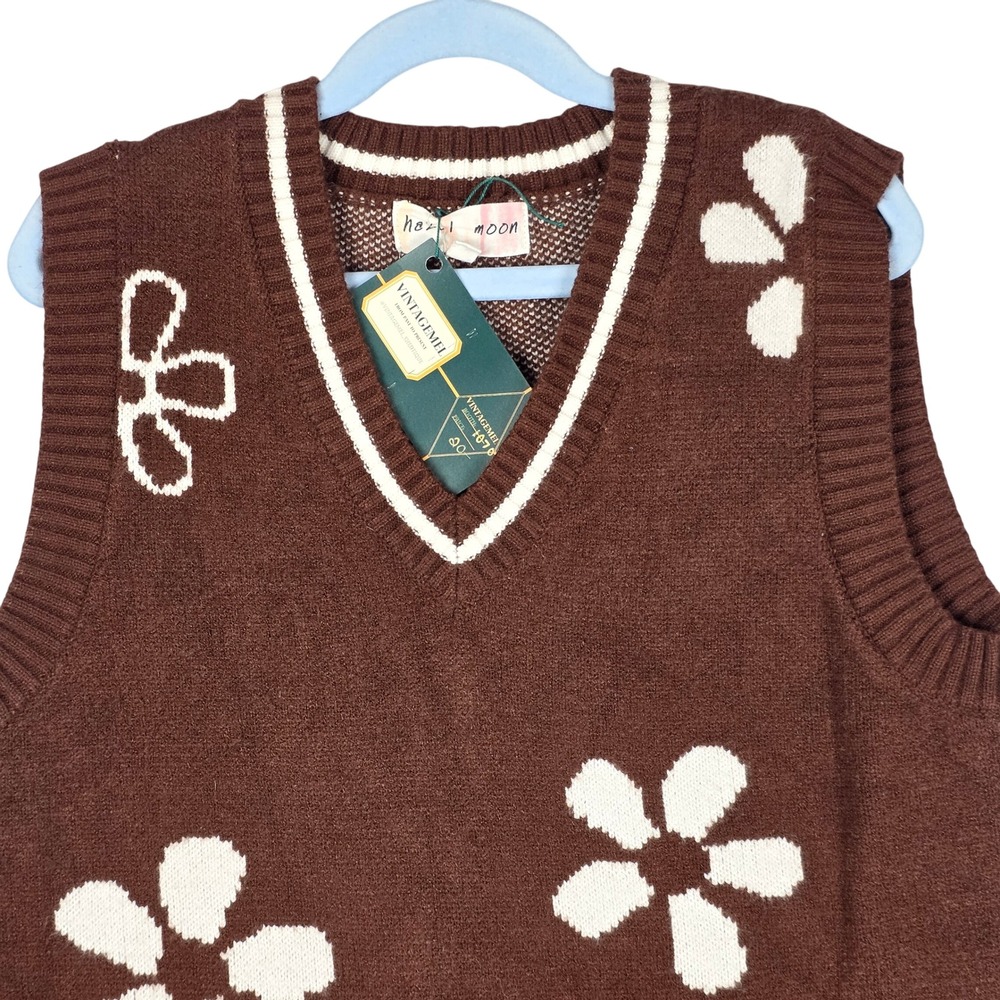 Hazel Moon Girls Knit‎ Sweater Crop Vest M Brown Flower Kids Trendy Autumn Fall